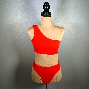 Orange ribbed one shoulder cheeky bikini swimsuit M | euro summer asymmetrical